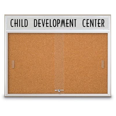 60 x 36" Sliding Glass Corkboards with Radius Frame w/ Illuminated Header